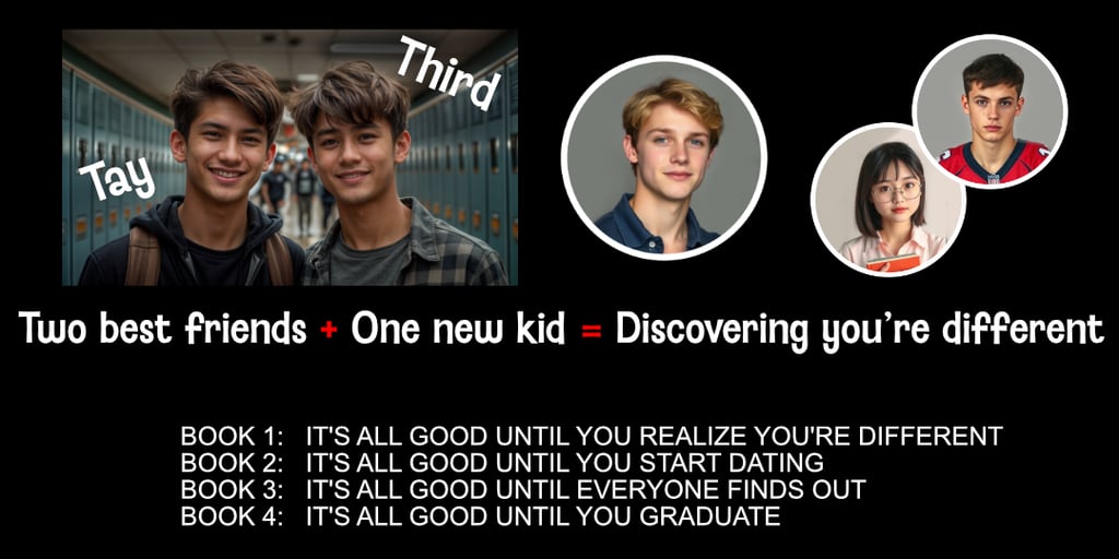 image showing the main characters and book titles of the series