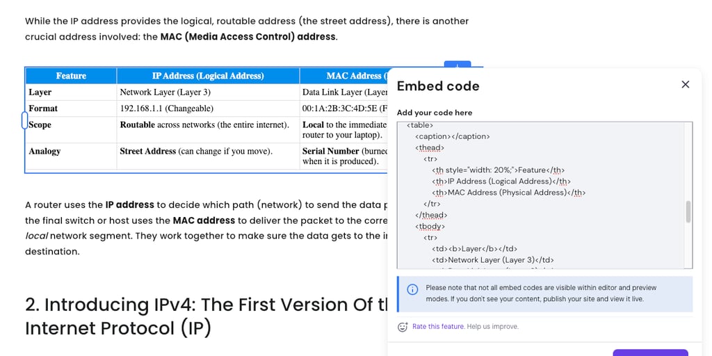HTML table built inside of a website code editor.,