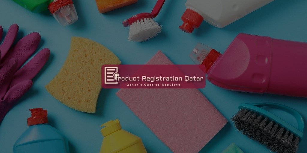 Product Registration Qatar Logo and Slogan with Detergents and disinfectants products in background