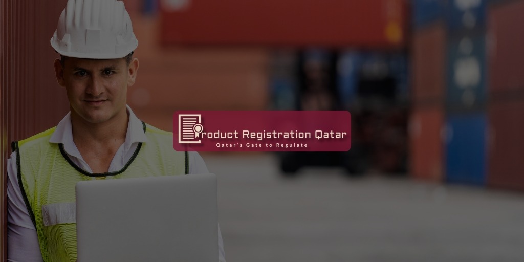 Qatar port inspector with helmet and laptop checking containers for product certification compliance.