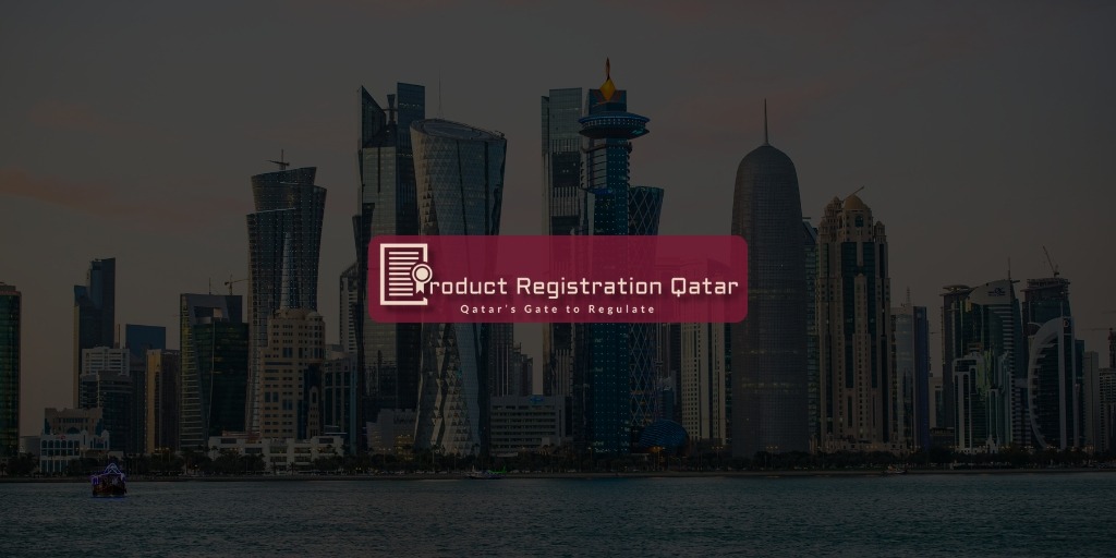 Qatar product registration FAQs background showing Doha skyline with regulatory branding and compliance-focused visual scene
