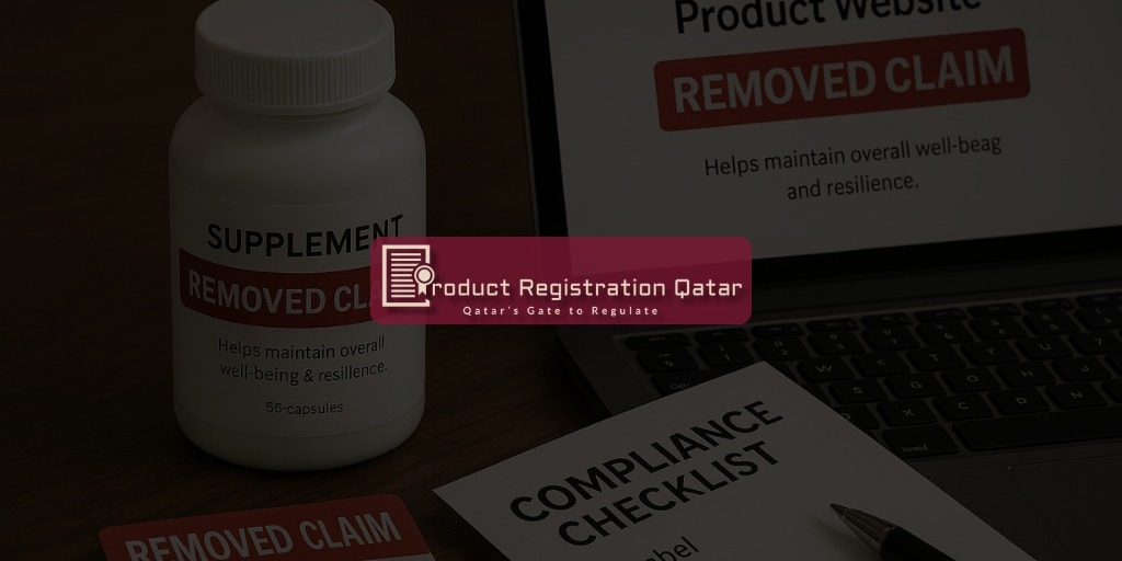 Supplement bottle showing “Removed Claim” with a compliance checklist—illustrating forbidden product claims in Qatar.