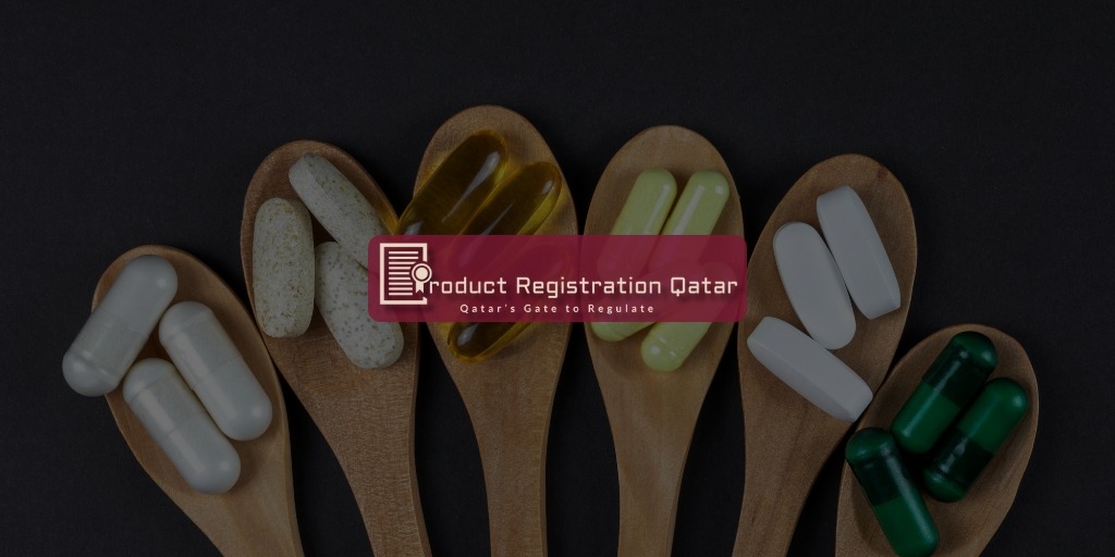 Product Registration Qatar Logo with Slogan and Health Supplements on wooden spoons in background