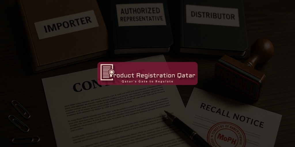 Contract and recall notice on desk with folders labeled Importer, Authorized Representative, and Distributor—roles in Qatar.