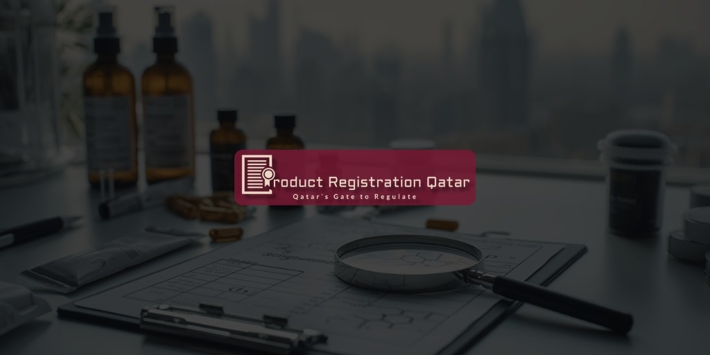 Ingredient compliance checks before MoPH submission with product samples, magnifying glass reviewing formulation documents
