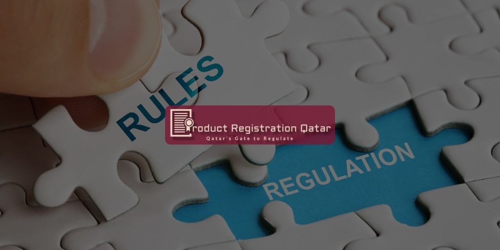 Puzzle pieces labeled rules & regulation symbolizing MoPH labeling compliance & product registration Qatar logo overlay.