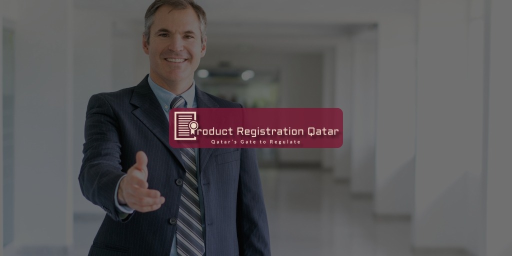 Product Registration Qatar Logo with slogan with local agent in the background