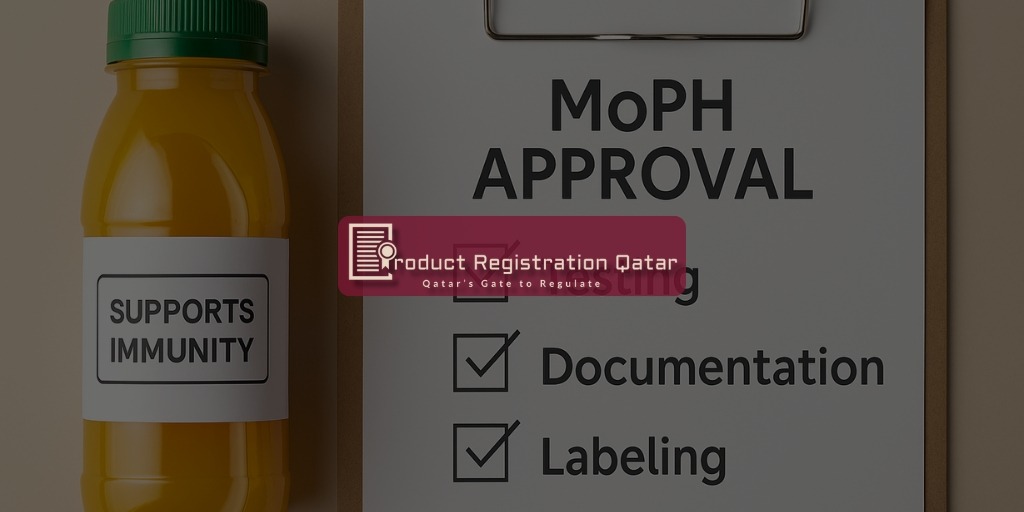 Bottle labeled "Supports Immunity" beside a MoPH Approval checklist: testing, documentation, and labeling requirements.