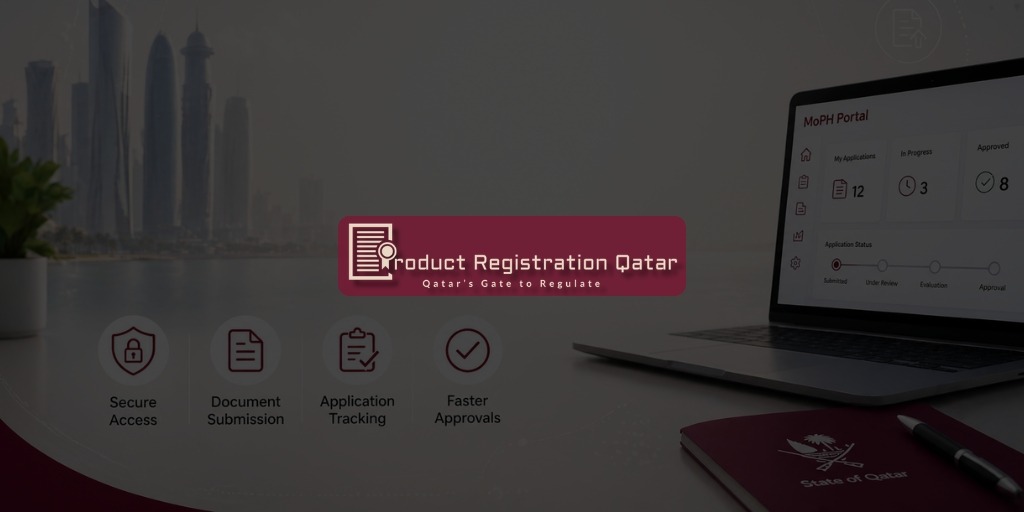 moph portal qatar workflow interface with document submission tracking icons and product registration dashboard