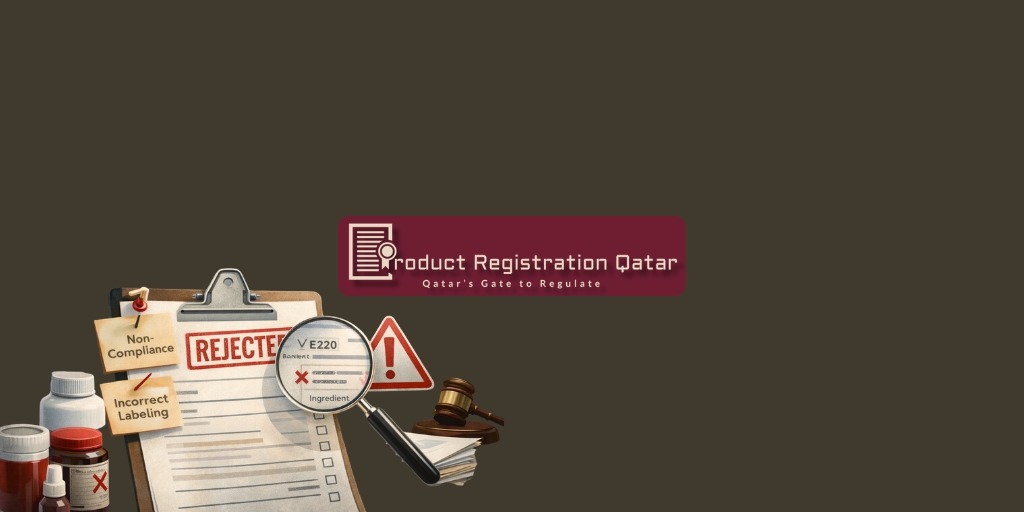 MoPH rejection reasons in Qatar illustrated with rejected product file, compliance warning sign, and regulatory review tools
