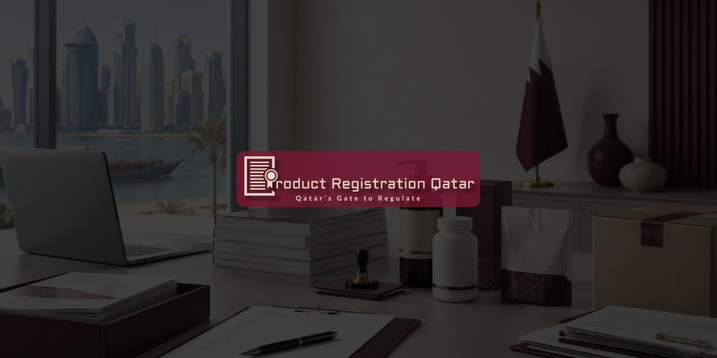 Qatar market entry compliance plan with product documents, packaging, and Doha office background.