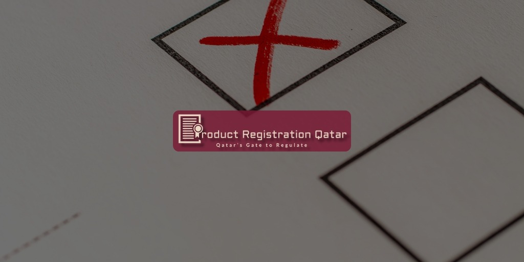 Product Registration Qatar Logo and slogan overlay on a white paper with compliance rejection in background