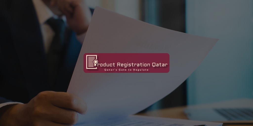 Product Registration Qatar Logo and slogan with man holding a document paper in background