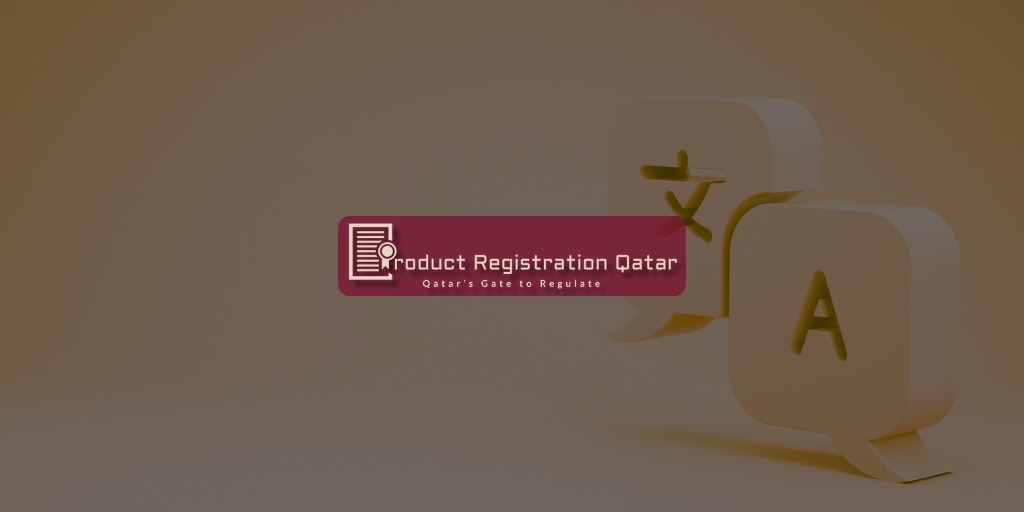 Translation icons with Product Registration Qatar logo overlay, bilingual compliance for MoPH approval.