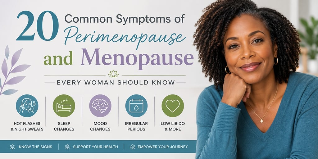 A banner explaining the 20 common symptoms of perimenopause and menopause