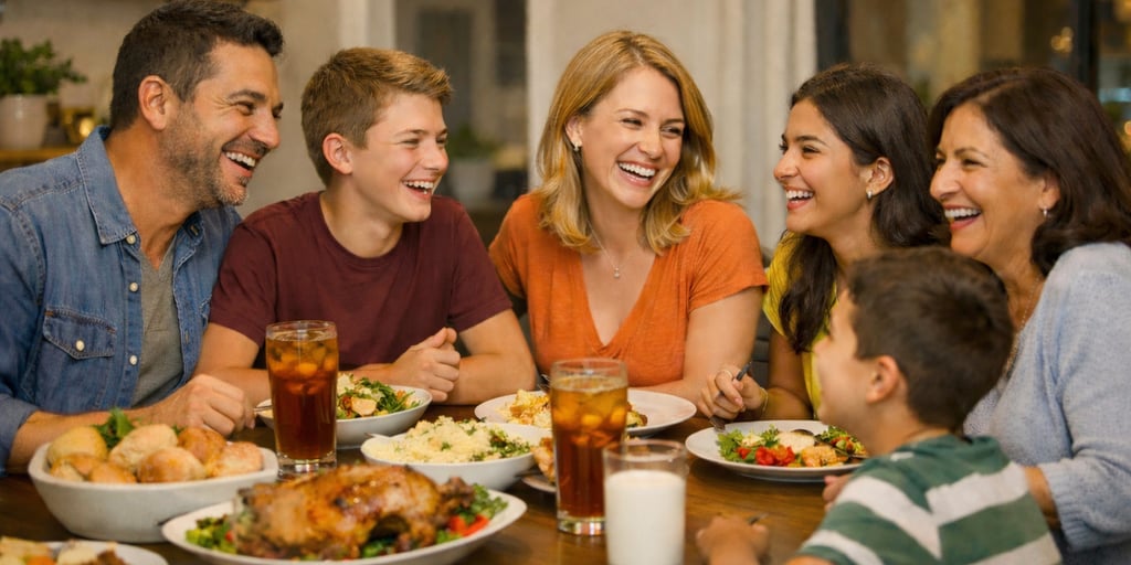 Happy family eating dinner