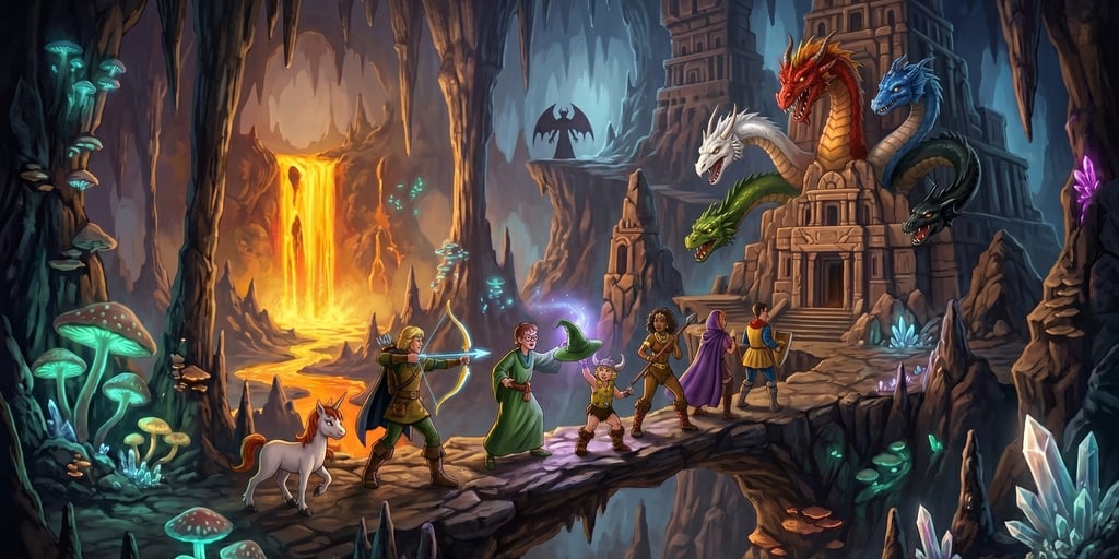 Heróis de fantasia enfrentam Tiamat, o dragão de cinco cabeças, em uma caverna brilhante.
