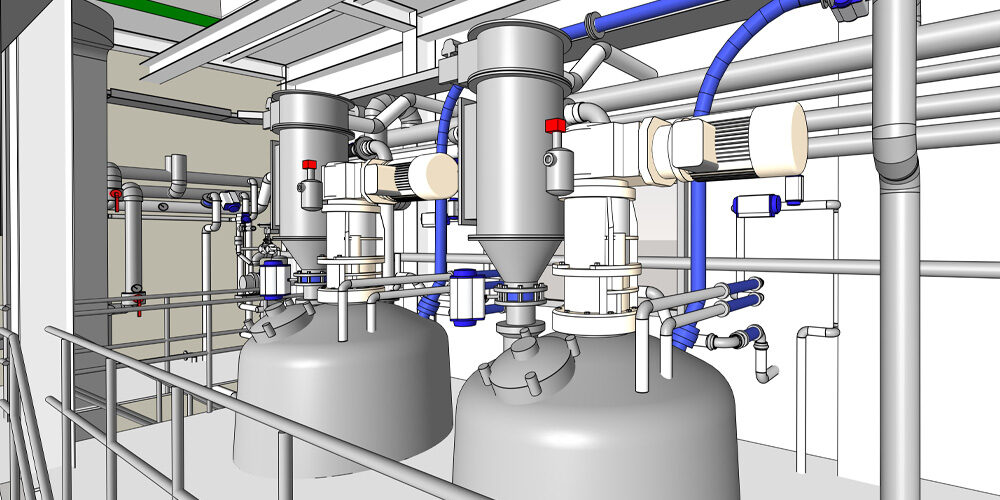 3D CAD model of an industrial chemical processing plant with large storage tanks and complex piping systems.