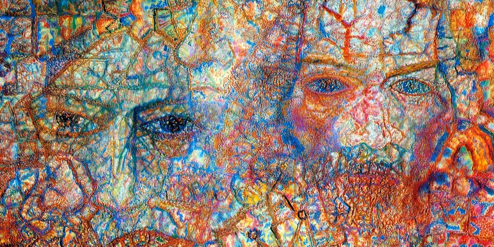 Abstract mixed media painting featuring textured faces and mosaic patterns in blue, orange, and gold.