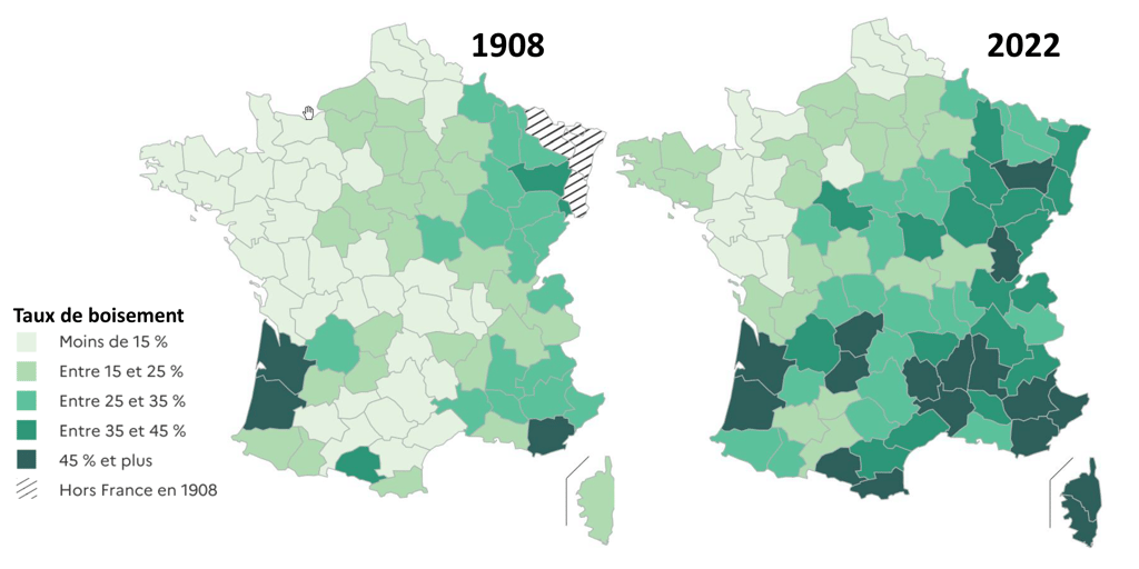 Taux de boisement par département en France en 1908 (carte de gauche) et 2022 (carte de droite)