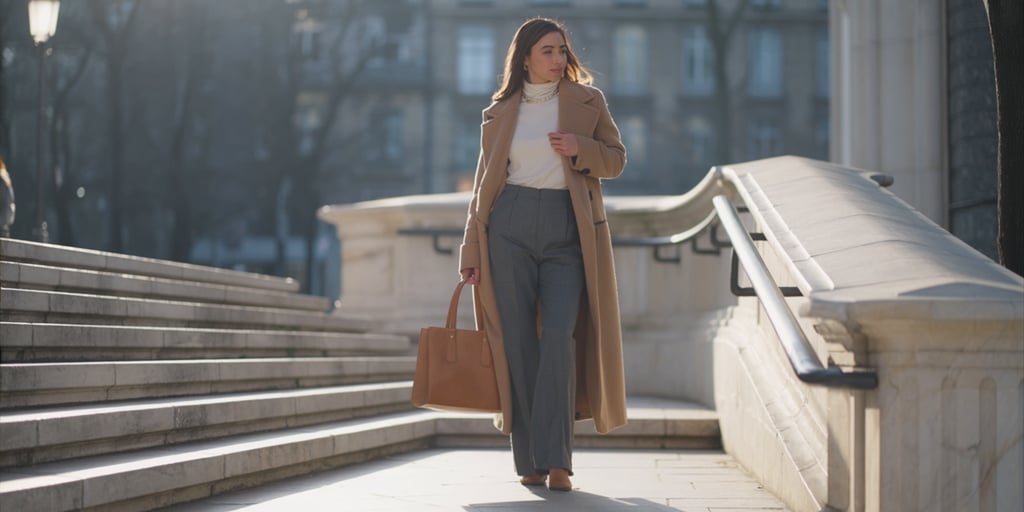 Woman in a camel maxi coat and wide-leg trousers standing on steps, quiet luxury winter fashion