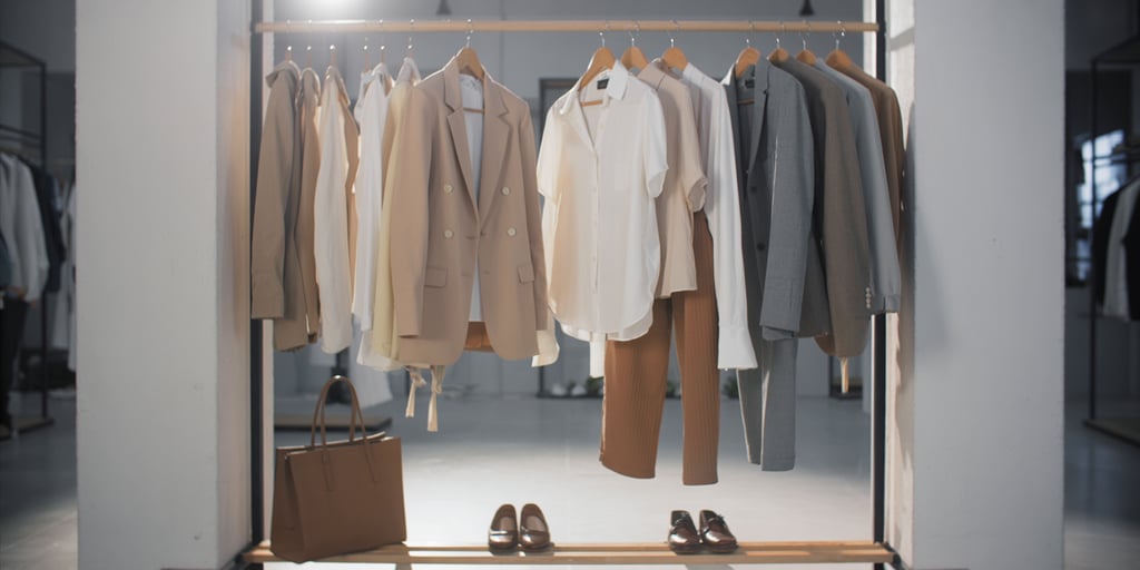 A curated minimalist closet rack showing a neutral color palette of high-end fashion
