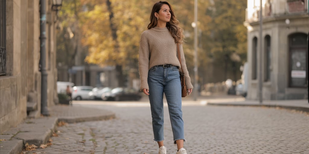 Woman in beige knit sweater and straight-leg jeans walking on a city street.