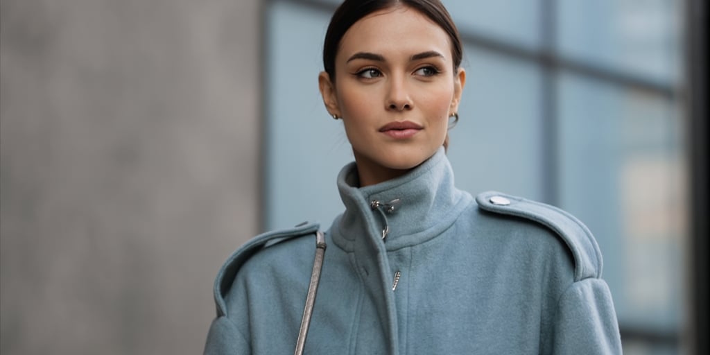 Woman wearing a structured glacial blue coat with a high collar and architectural shoulder details.