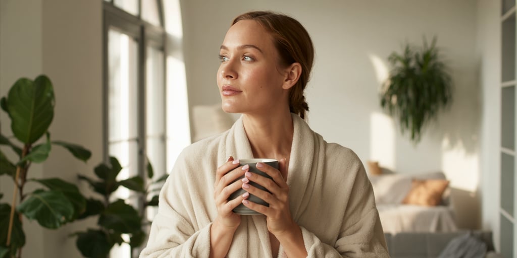 Woman in luxury cashmere robe enjoying a healthy, rested morning at sunrise.