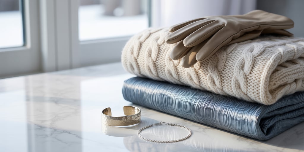 A flat lay of luxury winter fabrics featuring cream wool knitwear and icy blue silk