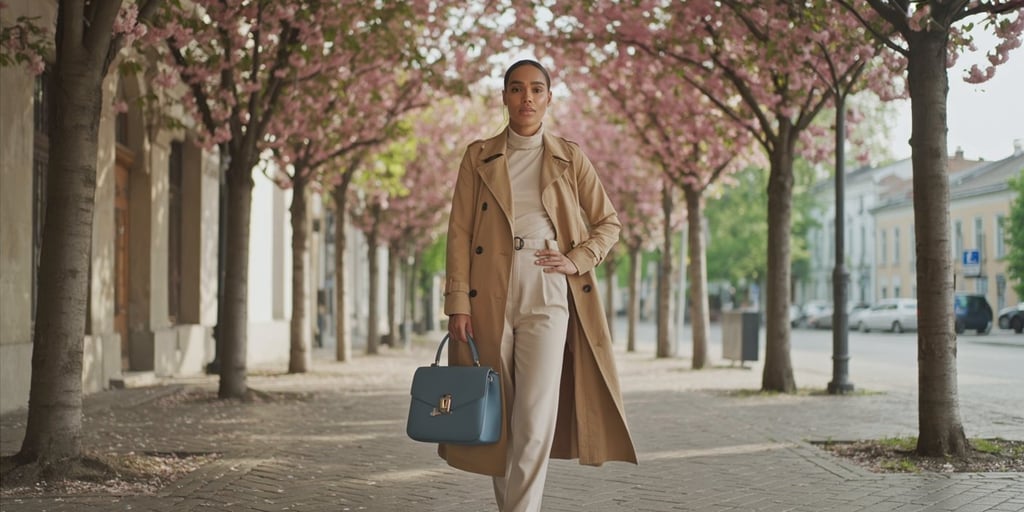 Woman wearing a chocolate brown funnel-neck trench coat, cream wide-leg trousers