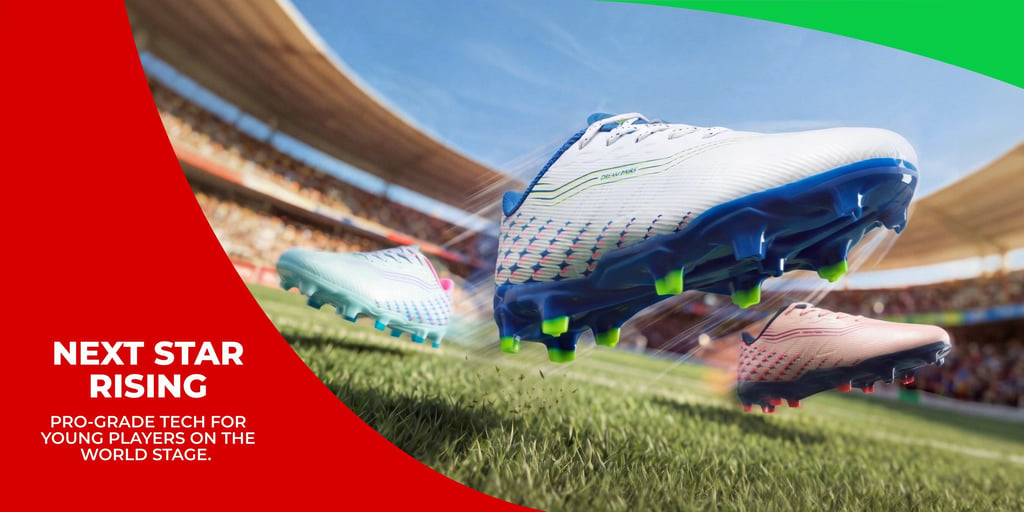 Professional youth soccer cleats flying over a green field in a crowded stadium.