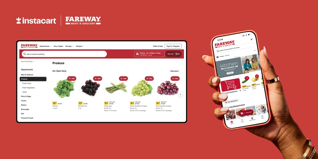 Hand holding a smartphone showing the Fareway Meat and Grocery storefront on the Instacart app.