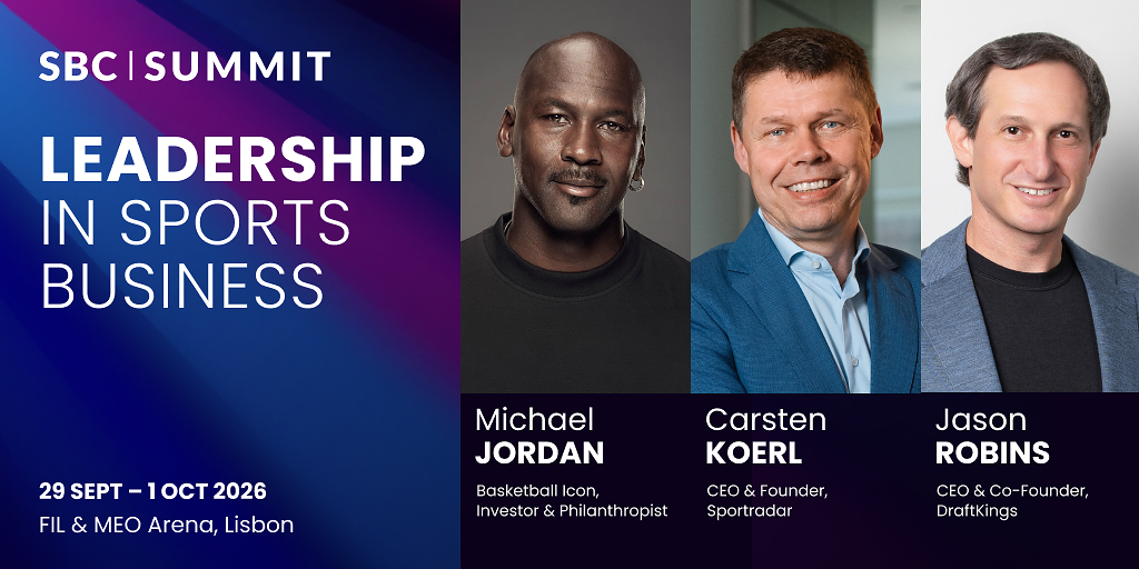 SBC Summit banner featuring Michael Jordan, Carsten Koerl, and Jason Robins for sports business leadership.