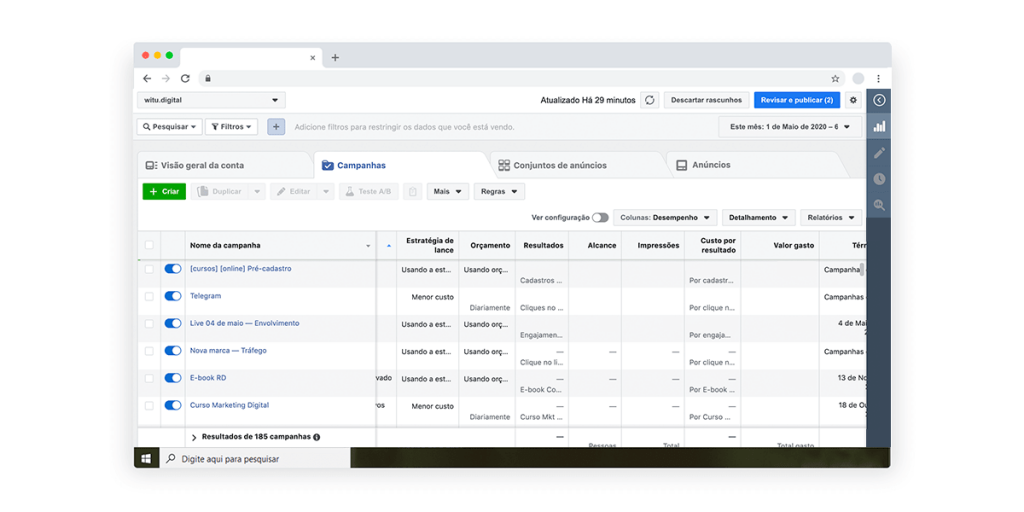 Visualização de interface de software de gestão de tráfego com colunas de métricas de performance