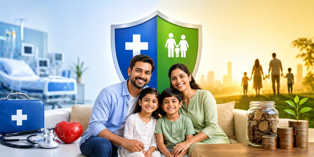 South Asian family with health and life insurance symbols representing medical and financial protect