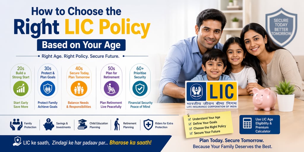 Illustration of an Indian family with LIC policy planning by age groups including 20s, 30s, 40s, 50s