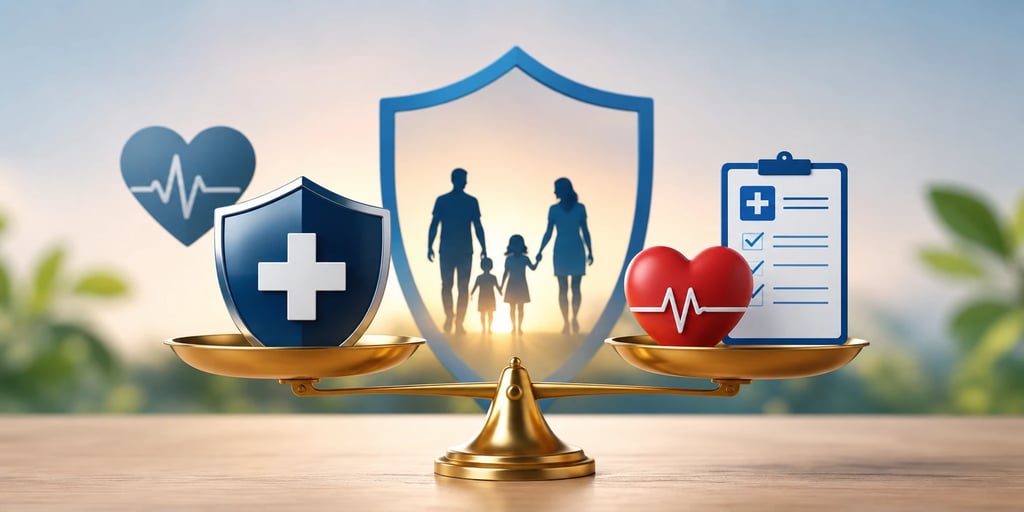 Health insurance and critical illness protection concept with family and medical symbols