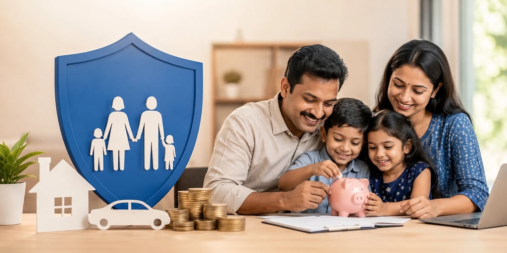 Indian self-employed family planning finances with life insurance protection symbols