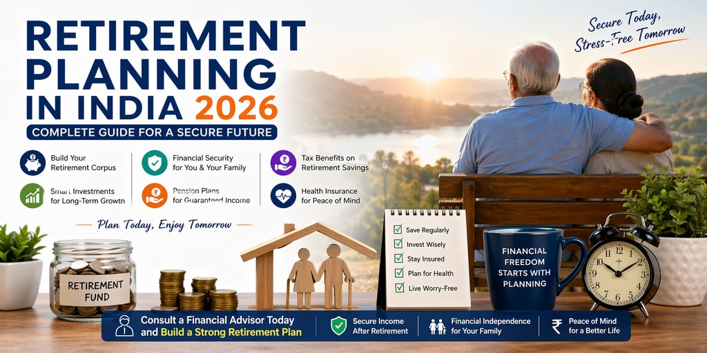 Senior Indian couple enjoying retirement with financial planning icons, savings, pension, and invest