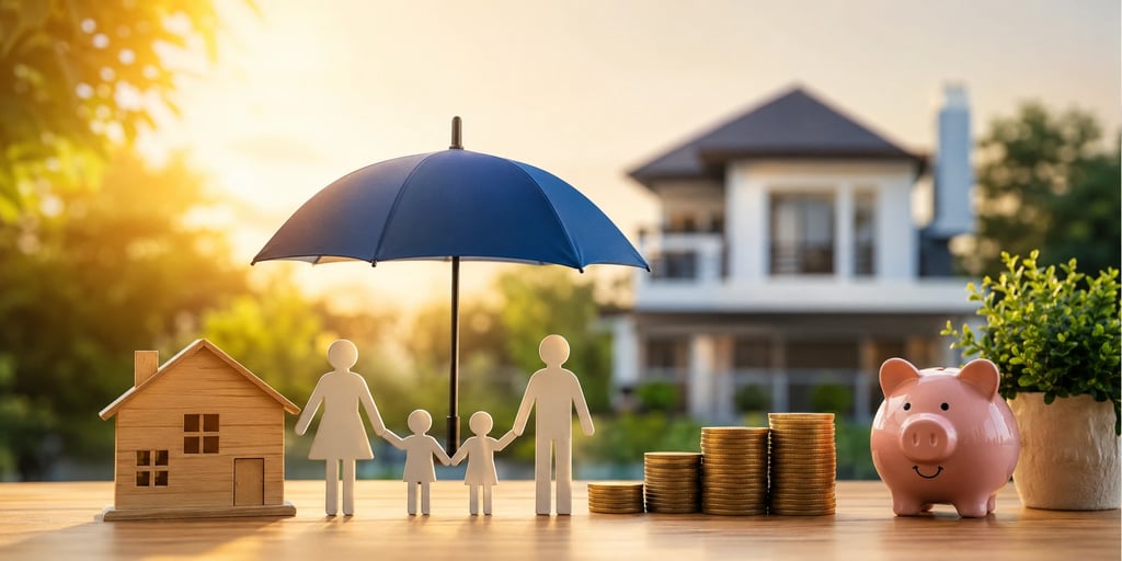Indian family financial protection concept with house, umbrella, savings coins, and piggy bank.