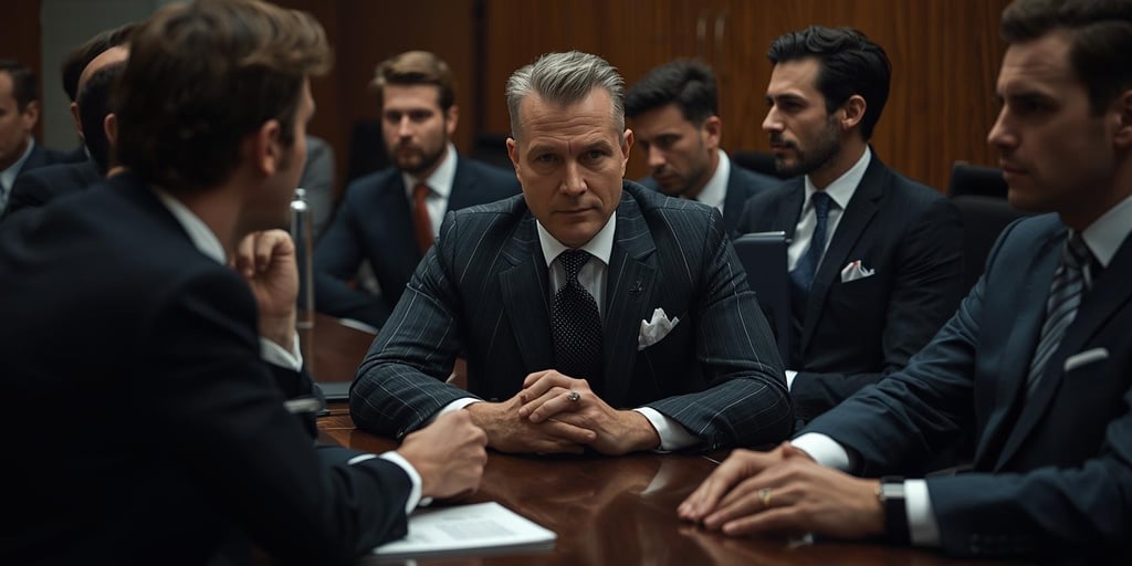 Professional corporate executives in suits holding a serious business meeting in a boardroom.