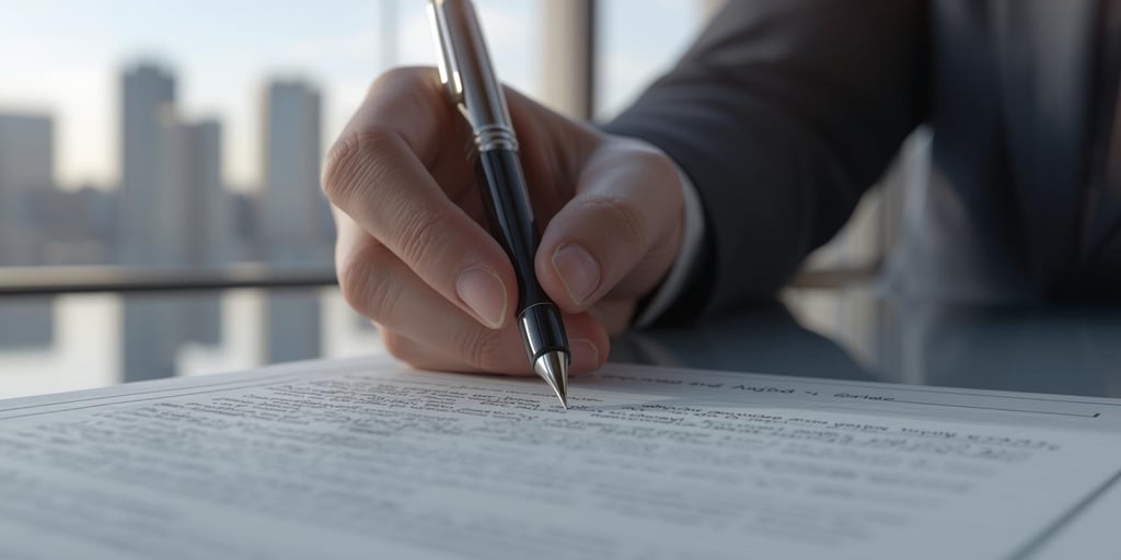 Executive signing a formal agreement in a modern office, with city skyline