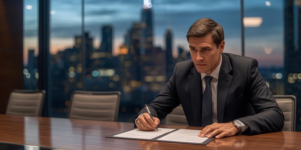 Close-up of an executive signing a major contract in a modern boardroom, with blurred city skyline i