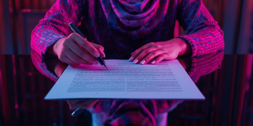 A person in a colorful jacket signs a legal document or contract with a pen, illuminated by blue and pink light.