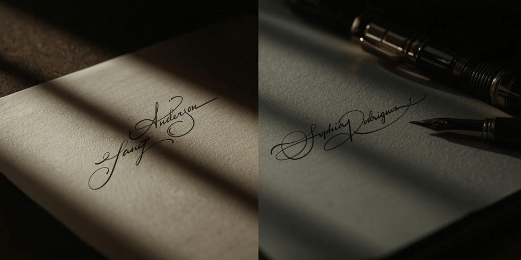 Elegant handwritten cursive signatures on paper with a fountain pen in moody lighting.