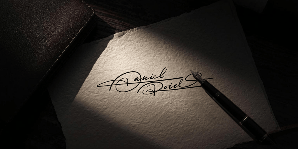 Elegant handwritten signature on parchment paper with a luxury fountain pen in dramatic lighting.