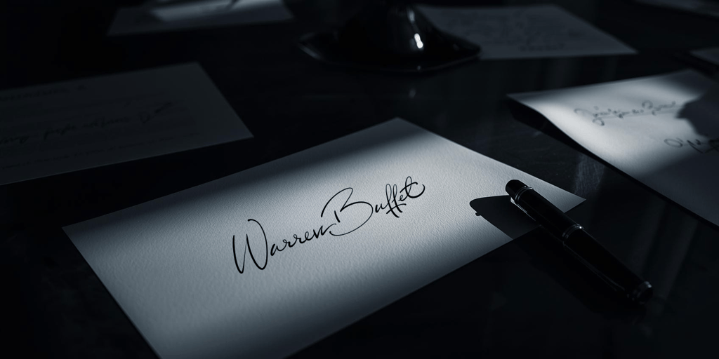A close-up of Warren Buffett's signature on white paper with a black fountain pen on a desk.