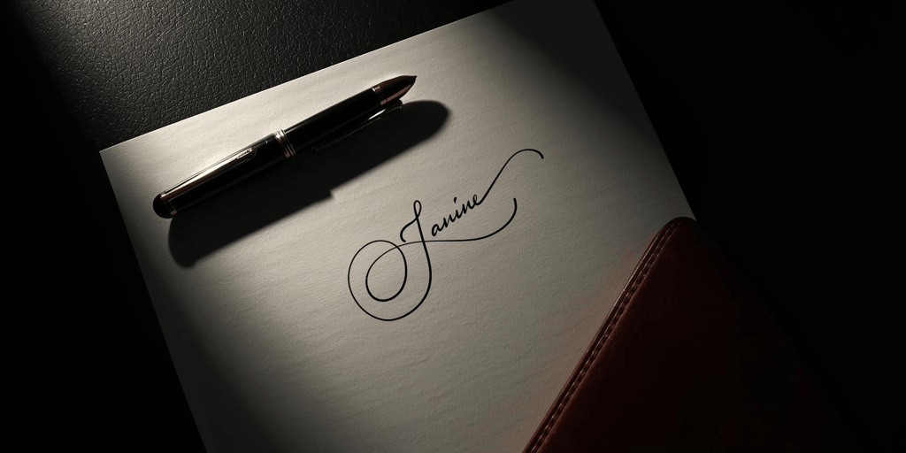 Elegant cursive signature Janine written with a luxury fountain pen on premium paper with dramatic lighting.