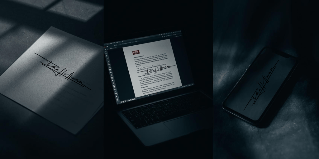 Digital signature displayed on a laptop screen, paper document, and smartphone for electronic branding.